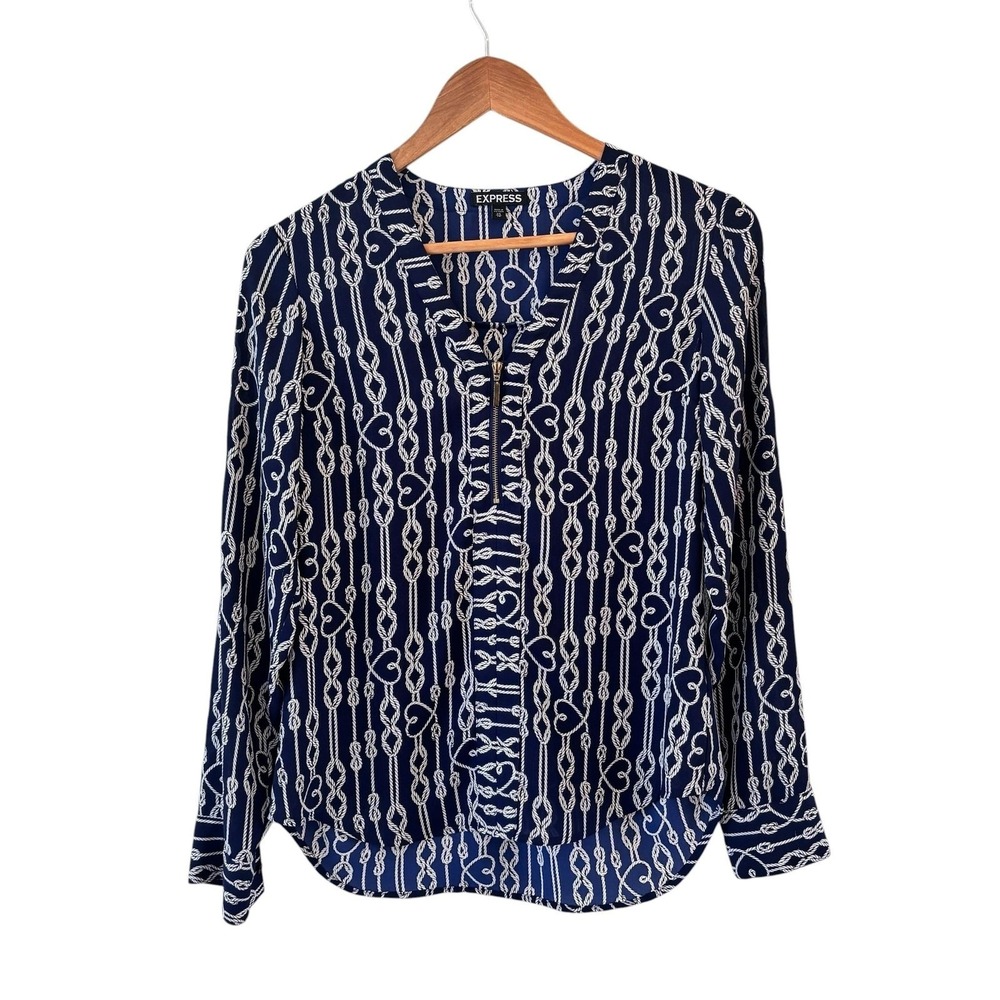 Express Nautical Rope Print Zip Top XS Blue Career Roll Tab Coastal Preppy